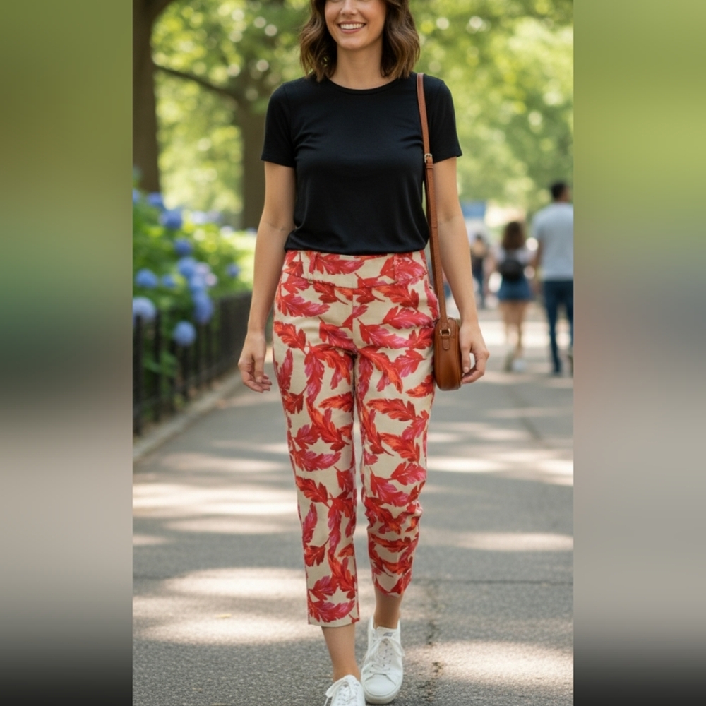 NWT T Tahari Crop Flare Pants L | Red Floral Leaf Print | Tummy Control Stretch‎